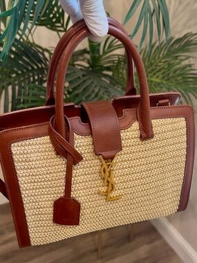 Saint Laurent Raffia & Leather Top Handle Bag